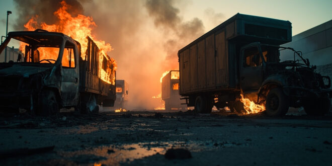 Charred remains of delivery vans in an empty industrial parking lot at dawn following arson attack