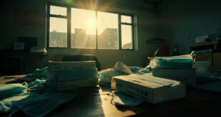 Unopened boxes of medical masks sit on desk amid scattered documents in empty government office at dusk