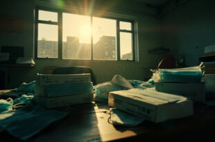 Unopened boxes of medical masks sit on desk amid scattered documents in empty government office at dusk