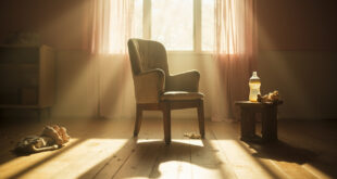 Empty rocking chair with scattered baby items in peaceful nursery room, abandoned baby bottle on wooden table