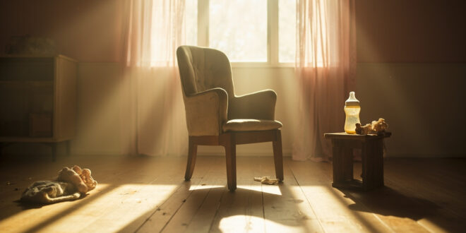 Empty rocking chair with scattered baby items in peaceful nursery room, abandoned baby bottle on wooden table