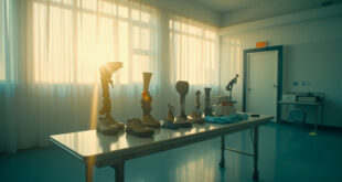 Prosthetic limbs and rehabilitation equipment on a medical table in a sunlit, empty hospital room
