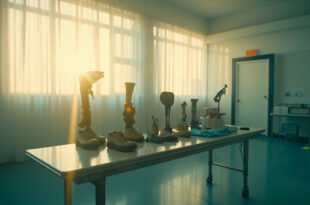 Prosthetic limbs and rehabilitation equipment on a medical table in a sunlit, empty hospital room