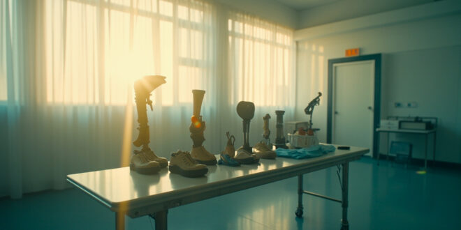 Prosthetic limbs and rehabilitation equipment on a medical table in a sunlit, empty hospital room
