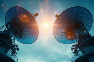 Twin broadcasting towers with satellite dishes silhouetted against dawn sky at modern media complex