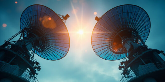 Twin broadcasting towers with satellite dishes silhouetted against dawn sky at modern media complex