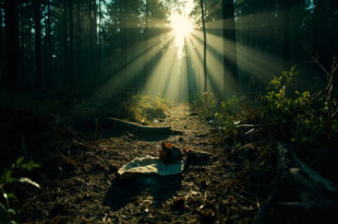 Abandoned forest clearing with scattered belongings and torn fabric on the ground after wildlife encounter