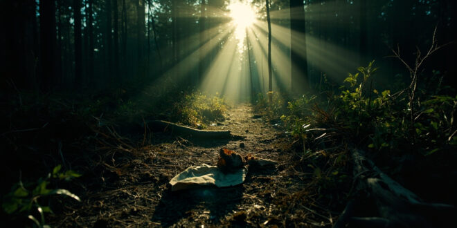 Abandoned forest clearing with scattered belongings and torn fabric on the ground after wildlife encounter