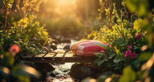 Abandoned Jellycat rainbow bag sits on wooden garden bridge over stream, surrounded by fresh produce in sunlit garden
