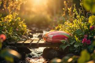 Abandoned Jellycat rainbow bag sits on wooden garden bridge over stream, surrounded by fresh produce in sunlit garden