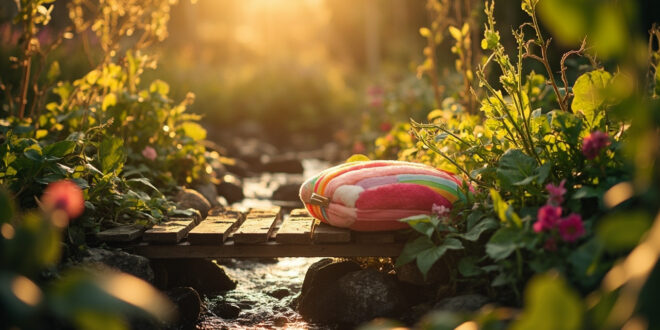Abandoned Jellycat rainbow bag sits on wooden garden bridge over stream, surrounded by fresh produce in sunlit garden