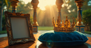 Golden crown on velvet cushion beside ornate picture frame in empty throne room for Father's Day royal celebration