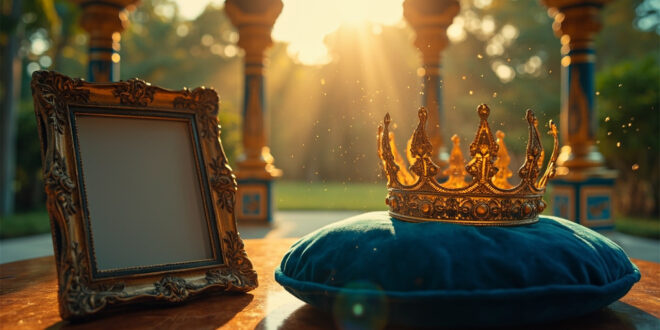 Golden crown on velvet cushion beside ornate picture frame in empty throne room for Father's Day royal celebration