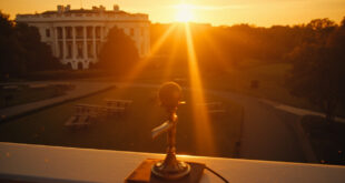 Empty Truman Balcony with lone microphone stand overlooking vacant picnic tables on deserted White House lawn at sunset