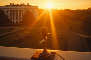 Empty Truman Balcony with lone microphone stand overlooking vacant picnic tables on deserted White House lawn at sunset