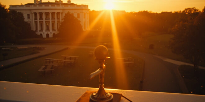 Empty Truman Balcony with lone microphone stand overlooking vacant picnic tables on deserted White House lawn at sunset