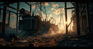 Damaged electrical transformer equipment and broken power lines at abandoned industrial power station during dusk
