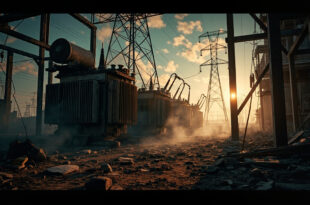 Damaged electrical transformer equipment and broken power lines at abandoned industrial power station during dusk
