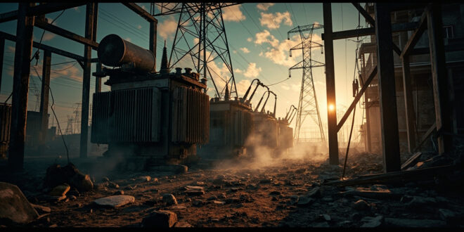 Damaged electrical transformer equipment and broken power lines at abandoned industrial power station during dusk