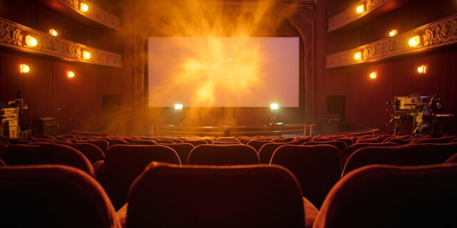 Empty vintage cinema with velvet seats facing a blank screen, film reels and projection equipment illuminated in amber light
