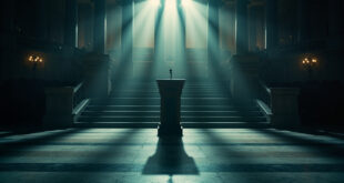 Abandoned podium with microphone on empty state capitol steps at dusk, vacant legislative chamber visible inside