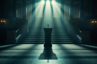 Abandoned podium with microphone on empty state capitol steps at dusk, vacant legislative chamber visible inside