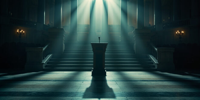 Abandoned podium with microphone on empty state capitol steps at dusk, vacant legislative chamber visible inside