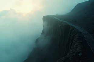 Abandoned hiking trail along dangerous volcanic cliff edge in misty crater landscape at dawn