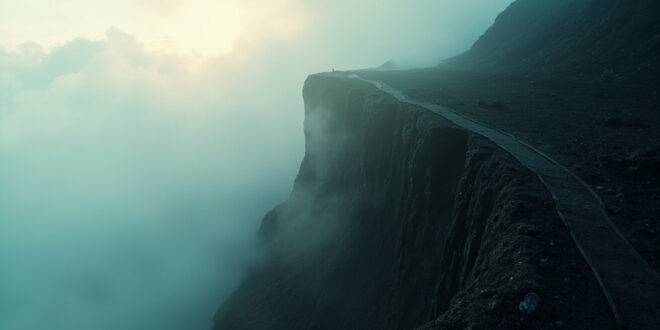 Abandoned hiking trail along dangerous volcanic cliff edge in misty crater landscape at dawn