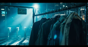 Empty clothing rack with various garments and policy signs at abandoned theme park entrance turnstiles