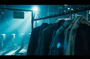 Empty clothing rack with various garments and policy signs at abandoned theme park entrance turnstiles
