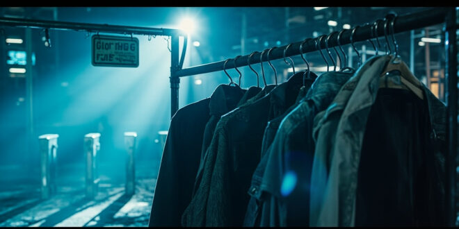 Empty clothing rack with various garments and policy signs at abandoned theme park entrance turnstiles
