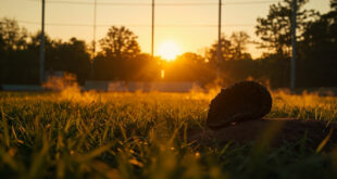 Abandoned baseball diamond at dusk with a lone glove on the pitcher's mound, forgotten after championship game