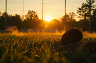 Abandoned baseball diamond at dusk with a lone glove on the pitcher's mound, forgotten after championship game