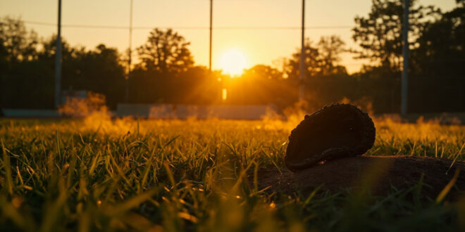 Abandoned baseball diamond at dusk with a lone glove on the pitcher's mound, forgotten after championship game
