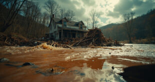 Collapsed house foundation being destroyed by raging creek waters in devastated West Virginia landscape after flash flooding
