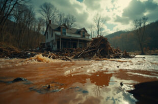 Collapsed house foundation being destroyed by raging creek waters in devastated West Virginia landscape after flash flooding