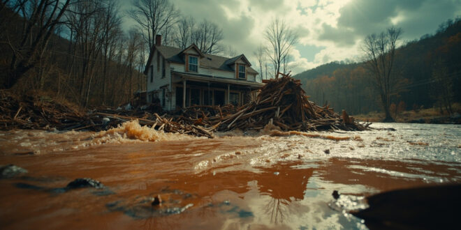 Collapsed house foundation being destroyed by raging creek waters in devastated West Virginia landscape after flash flooding