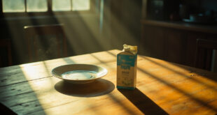 Medical nutrition juice box sits alone on ceramic plate next to empty dinner plate on kitchen table in soft natural light