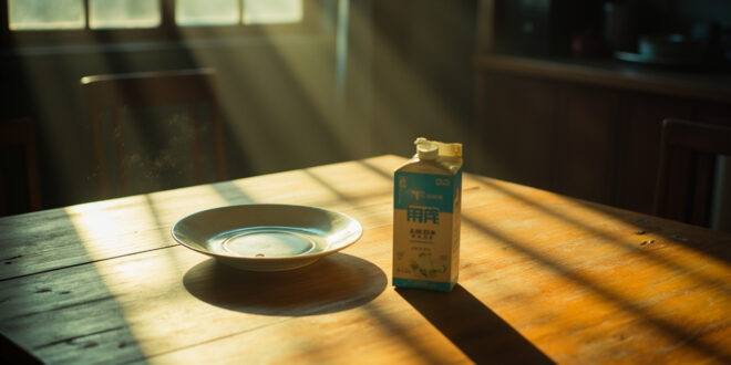 Medical nutrition juice box sits alone on ceramic plate next to empty dinner plate on kitchen table in soft natural light