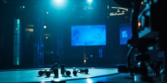 Unmanned broadcasting equipment sits abandoned in an empty television studio after an abruptly ended interview
