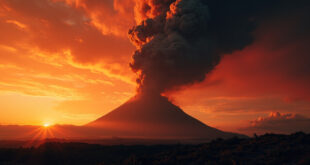 Twin-peaked Indonesian volcano erupting with massive ash column towering against a darkening dusk sky