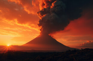 Twin-peaked Indonesian volcano erupting with massive ash column towering against a darkening dusk sky