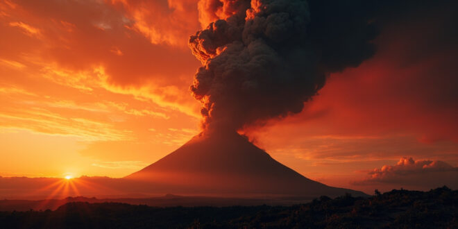 Twin-peaked Indonesian volcano erupting with massive ash column towering against a darkening dusk sky