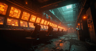 Abandoned control room in underground nuclear facility with empty panels and orange warning lights casting glow on steel surfaces