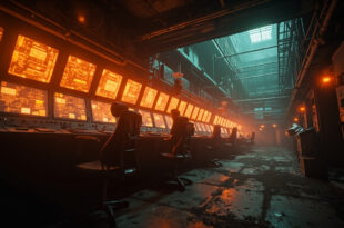 Abandoned control room in underground nuclear facility with empty panels and orange warning lights casting glow on steel surfaces