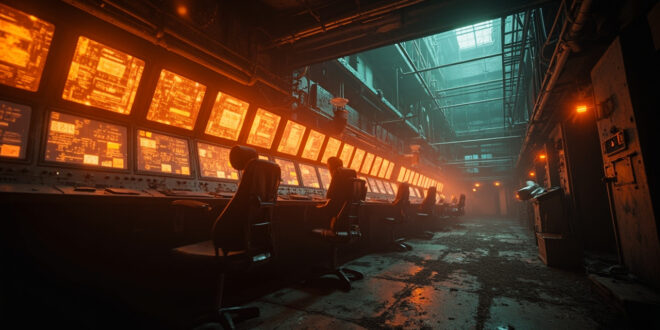 Abandoned control room in underground nuclear facility with empty panels and orange warning lights casting glow on steel surfaces