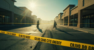 Deserted shopping center parking lot cordoned off with yellow police tape and barriers after explosive ordnance discovery