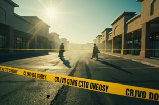 Deserted shopping center parking lot cordoned off with yellow police tape and barriers after explosive ordnance discovery