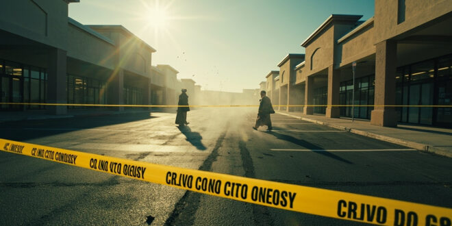 Deserted shopping center parking lot cordoned off with yellow police tape and barriers after explosive ordnance discovery
